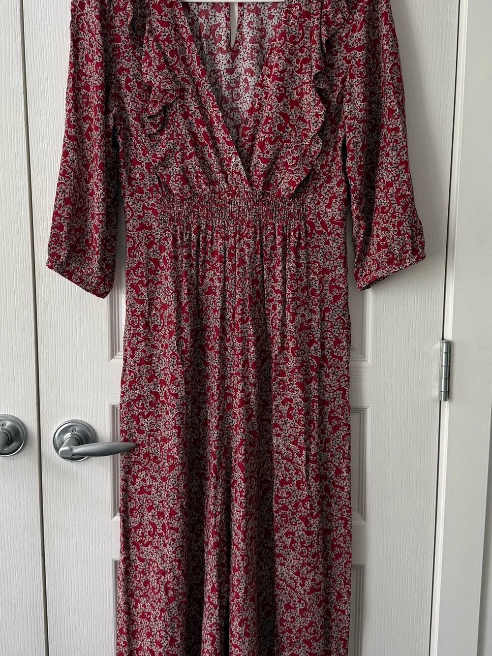 ba&sh Red and Cream Floral Ruffle Jumpsuit